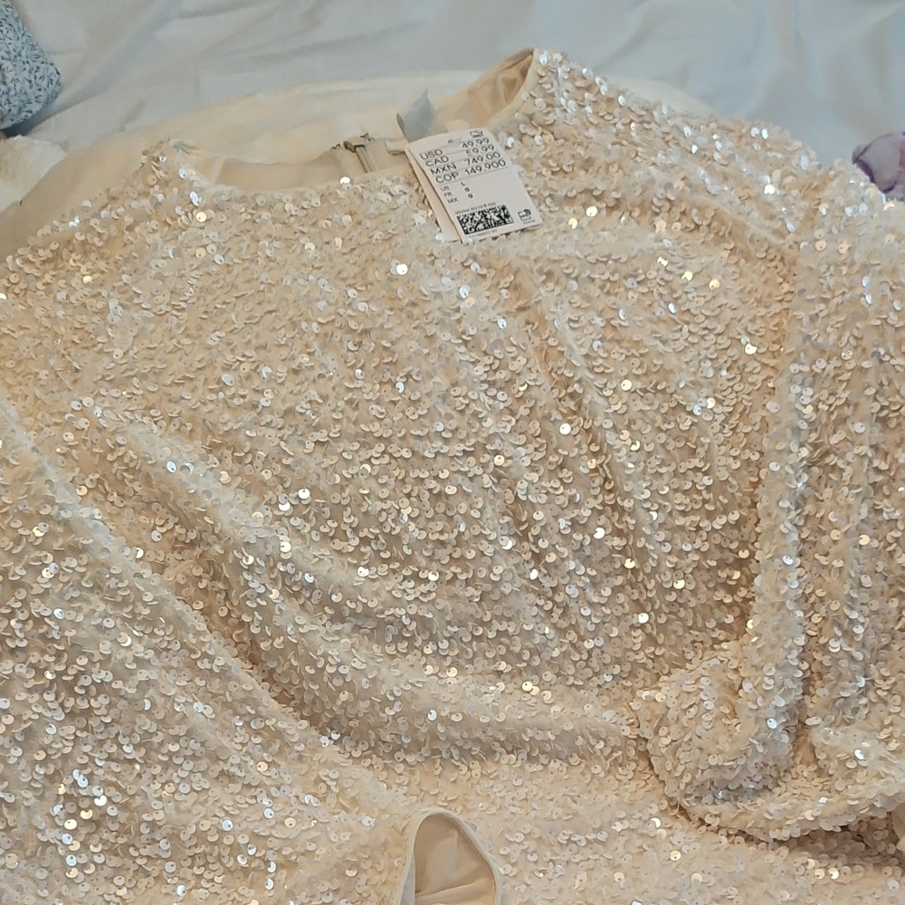 H&M Cream Sequin Long Sleeves Evening Dress L